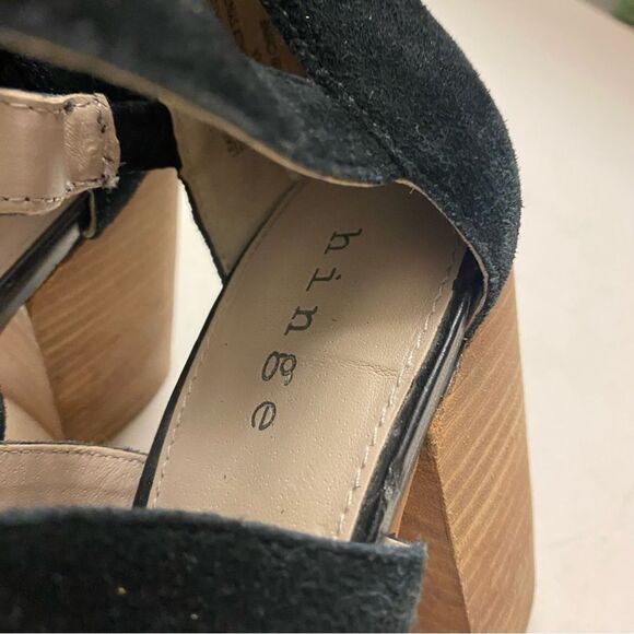 Hinge Cora Block Heel Sandal black leather SUEDE open toe strappy zip up 7.5 - Picture 5 of 10